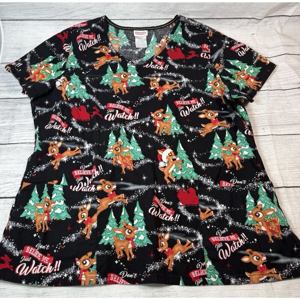 Rudolph Red Nose Reindeer XL Scrub Top Medical Don't Believe Me Watch Christmas